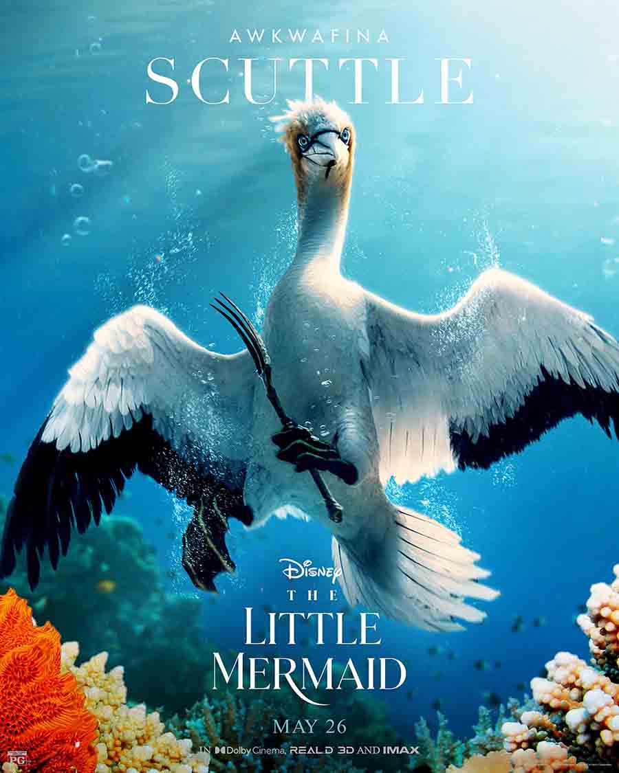 The comedy queen Awkwafina voices the seagull Scuttle, Ariel’s source of news from the surface.