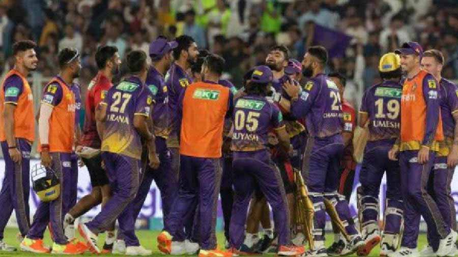 KKR players rush to congratulate Rinku Singh after his miraculous innings brought an unlikely victory against GT in Ahmedabad