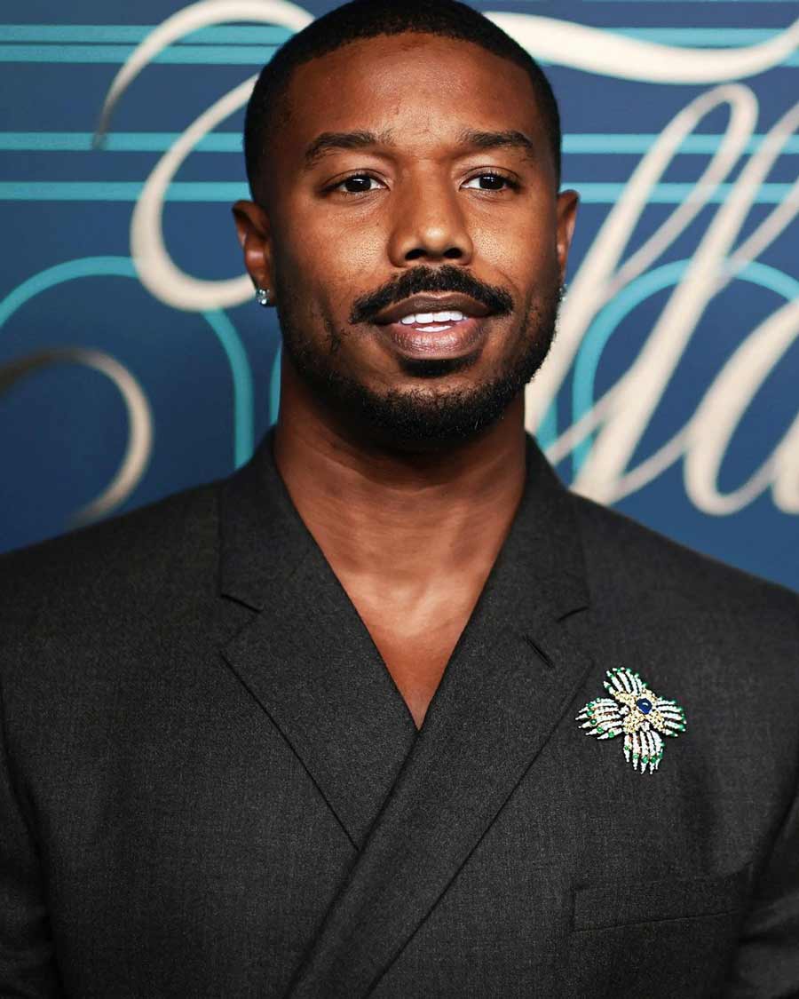 Michael B. Jordan opted for a Dior dark grey suit and accessorised it with a stunning brooch. 