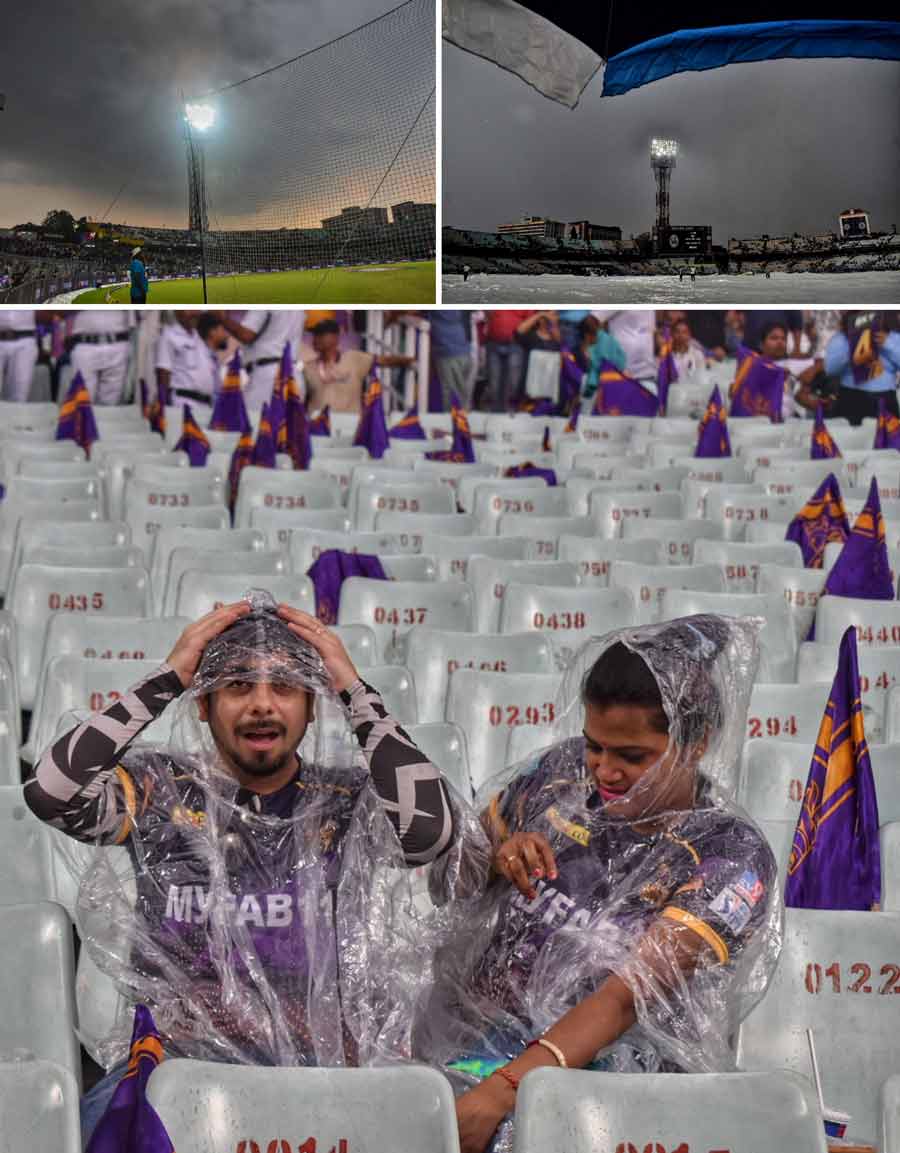After a sultry morning, a smart shower forced the groundsmen to cover the pitch as rain played spoilsport as the crucial tie between the Kolkata Knight Riders and Gujarat Titans was delayed, though no overs were lost. Earlier, GT skipper Hardik Pandya won the toss and opted to bowl against KKR in their IPL 2023 match on Saturday at Kolkata’s Eden Gardens. (Below) spectators take extra cover during the rain 