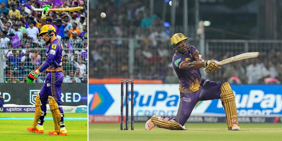  Kolkata Knight Riders batsman Rahmanullah Gurbaz celebrates his half century during the IPL 2023 cricket match between Kolkata Knight Riders and Gujarat Titans at Eden Gardens in Kolkata on Saturday. Gurbaz went on to score a terrific 81 off just 39 deliveries.  (Right) Andre Russell’s 34 off 19 was much needed as Kolkata slowed down after the loss of Gurbaz’s wicket. He hit a four and a six in the last over before getting out on the final ball. The Knight Riders however could score only 45 runs in the last five overs, which is not ideal at this venue