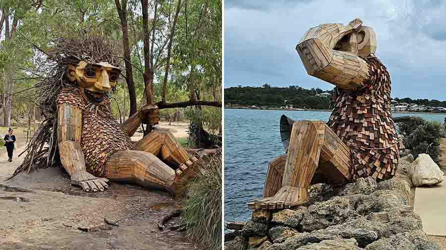 The Giants of Mandurah are made with scrap wood, twigs, debris, etc 
