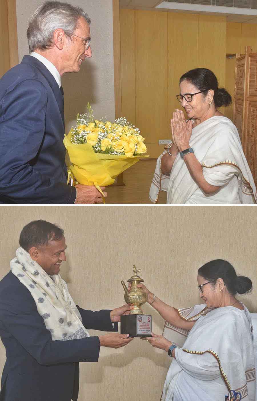 (Top) Emmanuel Lenain, ambassador of France, and (bottom) Eshor Raj Poudel, consul general of Nepal in Kolkata, met Chief Minister Mamata Banerjee at Nabanna on Thursday 