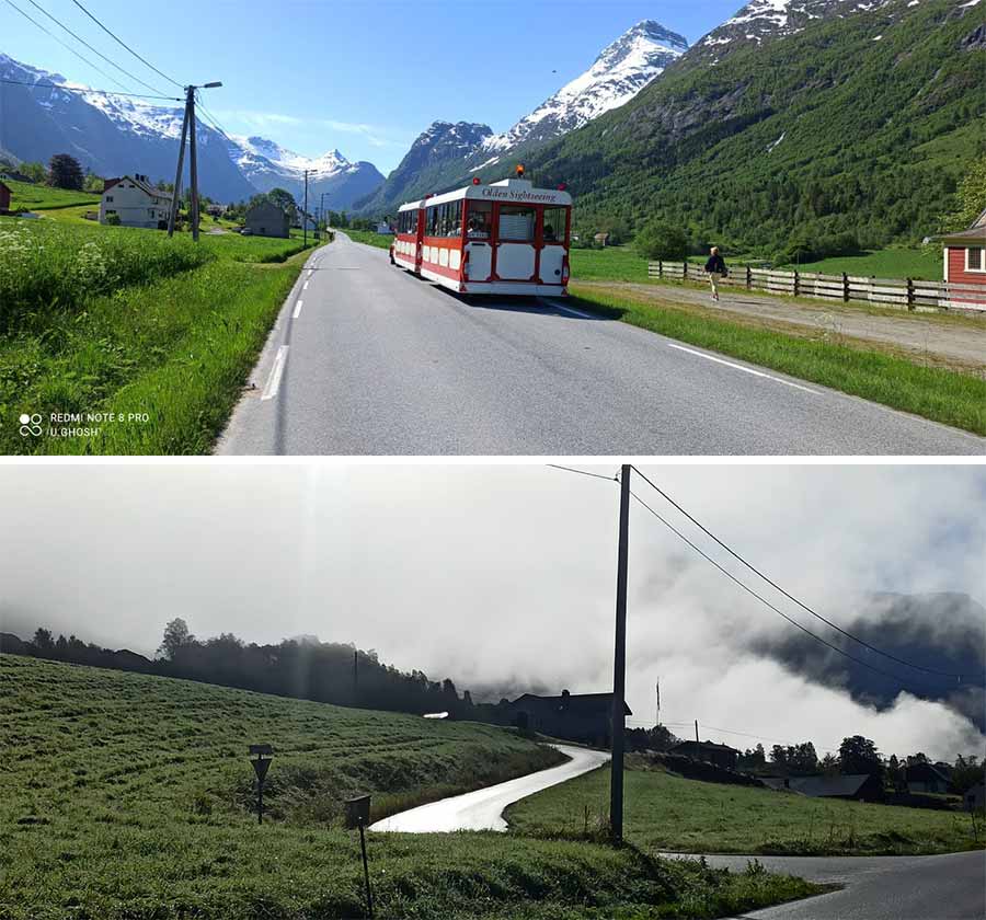 I spotted a sightseeing bus in Olden (top) packed with tourists while I was exploring the village on a rented bicycle
