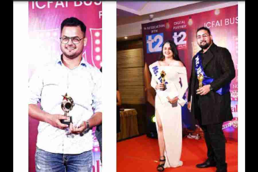 (L-R) Shivam Das, who won the best singer award Punam Kumari and Shivang Tiwari, winners of the titles Miss and Mr IBS 2023