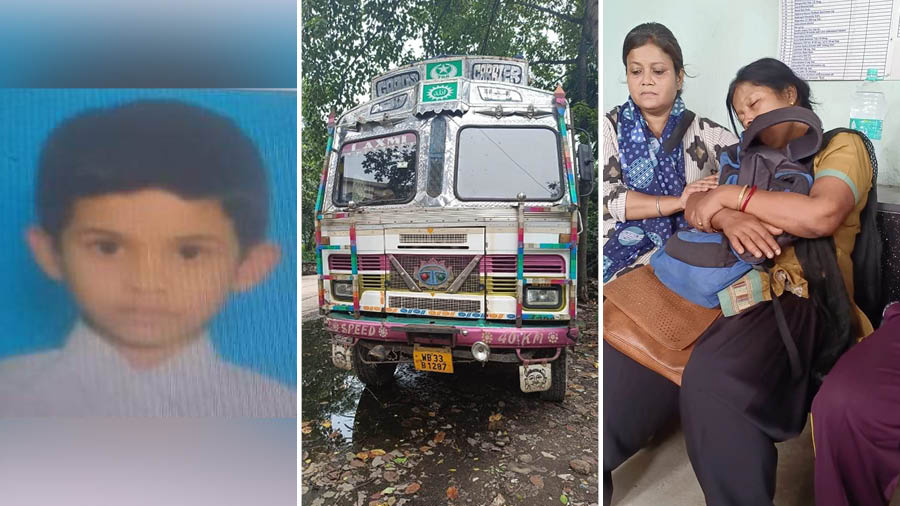 (From left) A photograph of Souranil Sarkar, the killer truck apprehended on Kona Expressway and the school boy’s distraught mother clings to his school bag