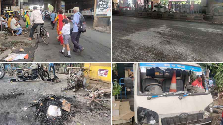 (Clockwise from top left) A guardian escorts his ward near the accident spot, shards of glass cover the mishap spot, a vandalised goods vehicle and burnt down two-wheelers near Behala Chowrasta