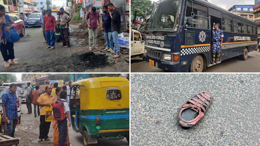 (Clockwise from top left) Passers-by look at the ashes of burnt down vehicles, a van of the Specialised Force of Kolkata Police at Chowrasta, an abandoned footwear bears testimony to the clash between the mob and security forces and a school boy waits for public transport hours later
