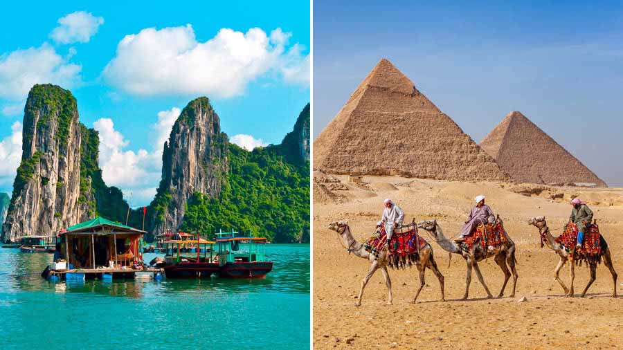Haflong Bay in Vietnam and (right) the pyramids of Giza in Egypt are much sought-after tourist destinations
