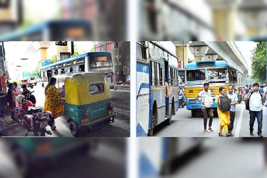 An auto picks up a passenger when the signal is green; (Right) A bus drops off passengers in the middle of the road 