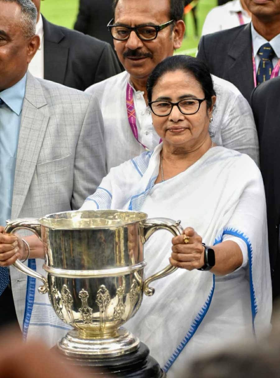 Chief Minister Mamata Banerjee at the opening ceremony of Durand Cup 2023 at Vivekananda Yuva Bharati Krirangan Stadium, Kolkata, on Thursday  