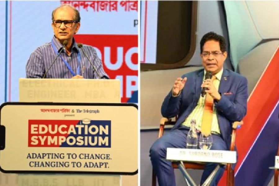 Suranjan Das and (right) Suborno Bose speak at the Anandabazar Patrika &amp; The Telegraph present Education Symposium.