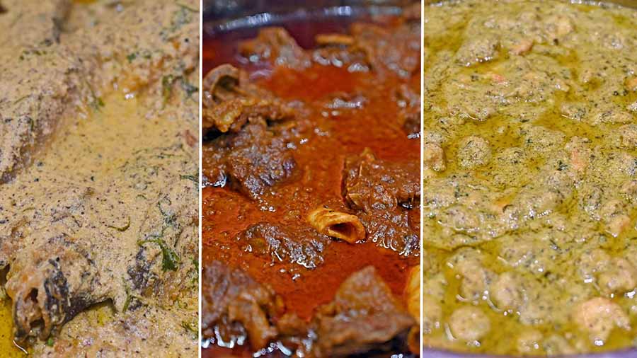 Also in the menu were ‘Matarshuti Paneer Bahari’, ‘Gorom Bhaat’, ‘Basanti Pulao’, (left) ‘Pabda Shorshe’, (right) ‘Kochu Patay Bhapa Chingri’ (right) and (centre) ‘Rajbarir Kosha Mangsho’