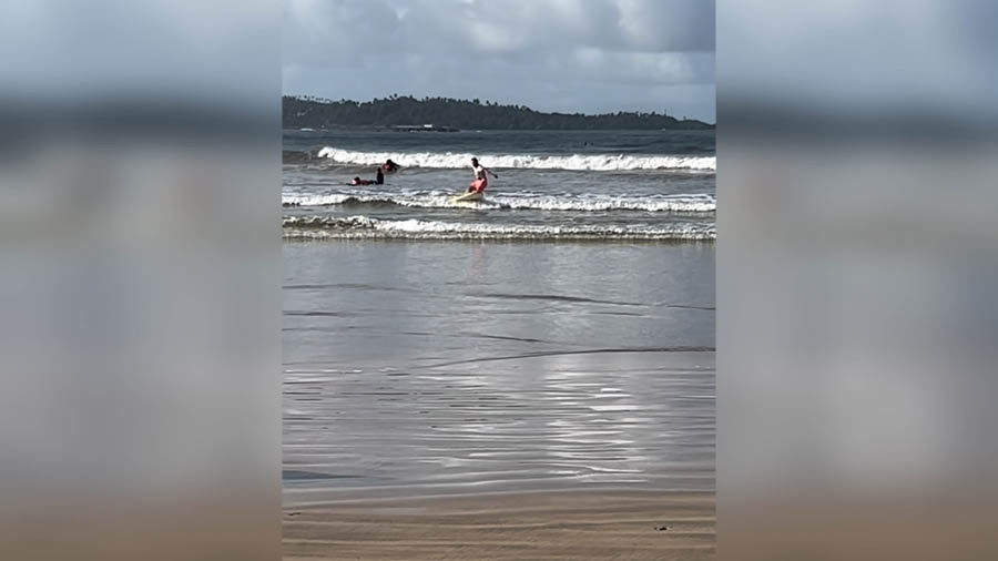 Tourists surfing near Weligama beach