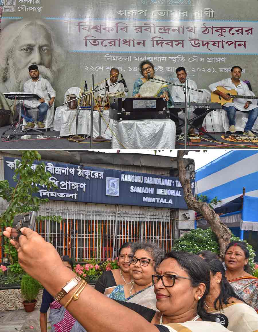 (Top) Rabindrasangeet exponent Srabani Sen performs at Rabindranath Tagore’s memorial at Nimtala crematorium in north Kolkata on his death anniversary on Tuesday and (above) it’s groupfie time with her fans