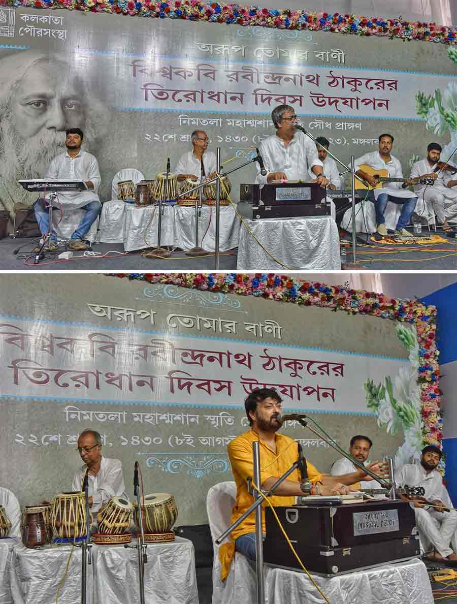 (Top) Srikanta Acharya and (above) Shaheb Chattopadhyay perform at the Nimtala memorial function on Tagore’s 82nd death anniversary on Tuesday