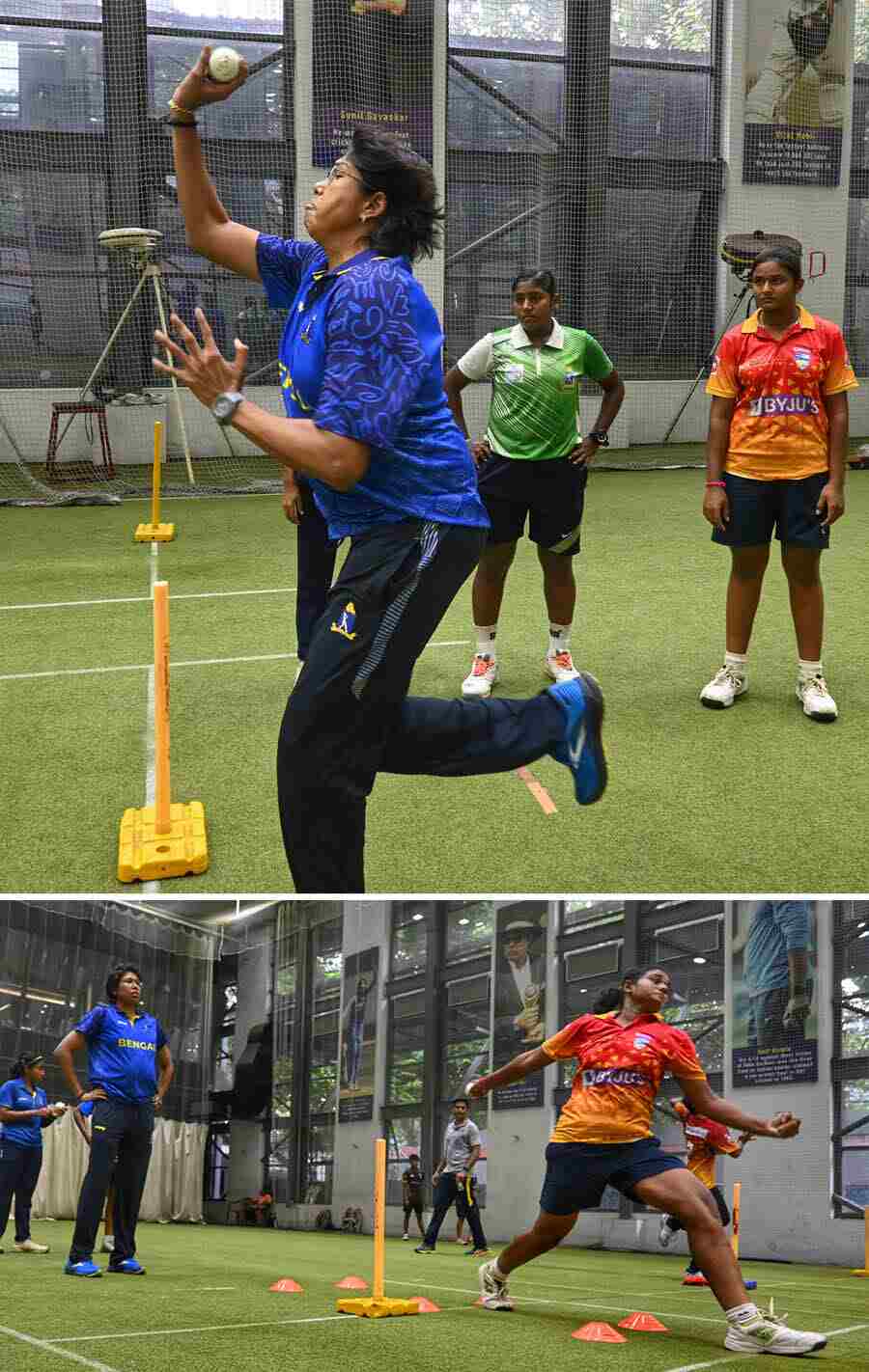 Former cricketer Jhulan Goswami at the U23 Bengal cricket practice at Eden Gardens on Tuesday. Bengal cricket coach Shivsagar Singh was present too 