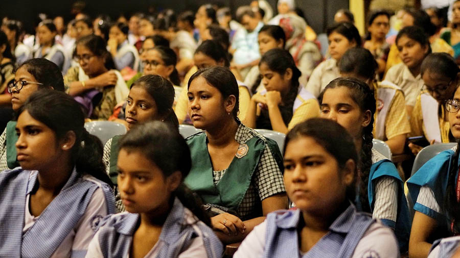 School students attend the awareness session on human trafficking on Tuesday