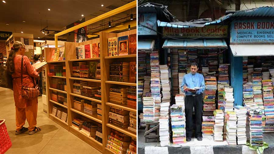 A glimpse inside Starmark bookstore; (right) book stalls at College Street