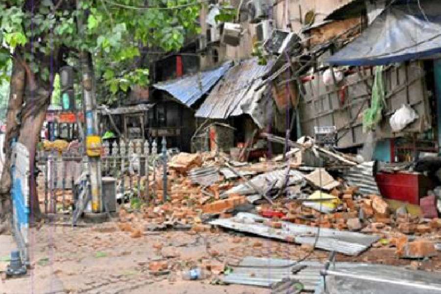 Debris on Netaji Subhas Road after a portion of a building collapsed on Wednesday.