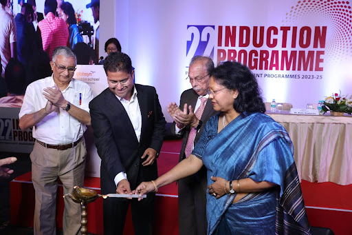 An auspicious beginning with the ceremonial Lighting of the Lamp From L to R : Mr. Saibal Chatterjee, Managing Director, Lokenath Chatterjee & Sons (Precision Tools) Pvt. Ltd. and Academic Council Member, GBS; Mr. Rahul Dasgupta, Director & Trustee, GBS, Prof. RC Bhattacharya, Vice Chairman, GBS, and Mrs. Ranjana Dasgupta, Trustee, Globsyn Knowledge Foundation