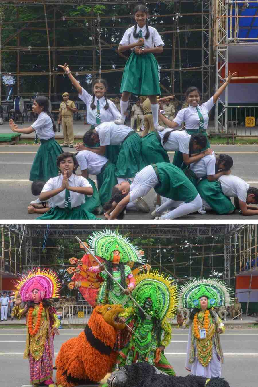 Participants, including school students, participated in a dress rehearsal at Kolkata’s Red Road on Friday ahead of the Independence Day parade