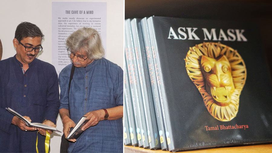 Conceptualised by artist Jogen Chowdhury, the exhibition also has a curatorial note by Chowdhury, in which he fondly writes about Bhattacharya’s works. Bhattacharya also launched his new book called ‘Ask Mask’ at the exhibition. The book also has glimpses of his collaboration with designer Anamika Khanna. (L to R) Tamal Bhattacharya and Jogen Chowdhury; The cover of the book, ‘Ask Mask’) 