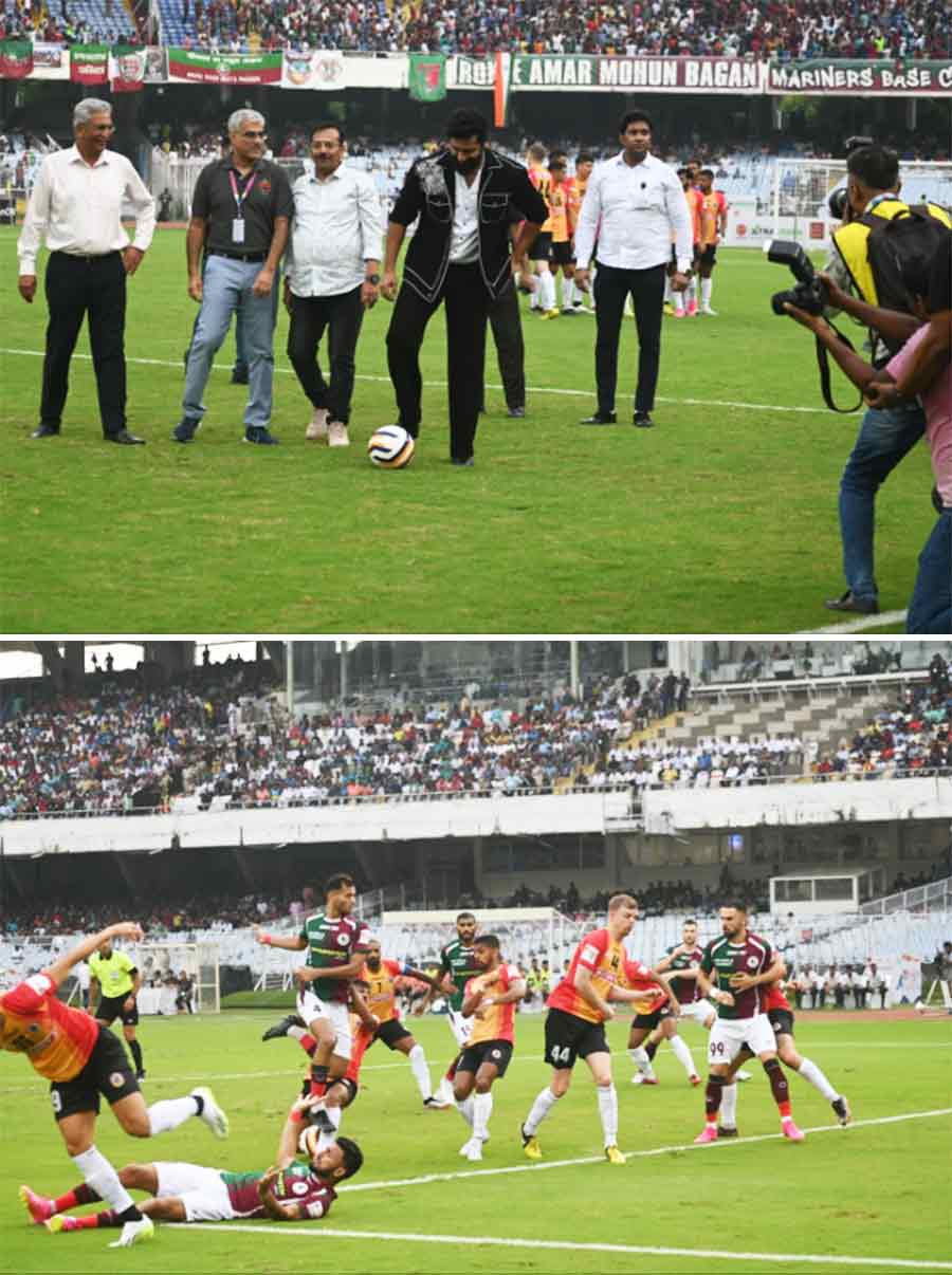 (Top) Bollywood actor Vicky Kaushal kicks off the Durand Cup derby between East Bengal FC and Mohun Bagan Supergiants at Salt Lake Stadium on Saturday and (above) the match got off to a thrilling start between the arch-rivals 
