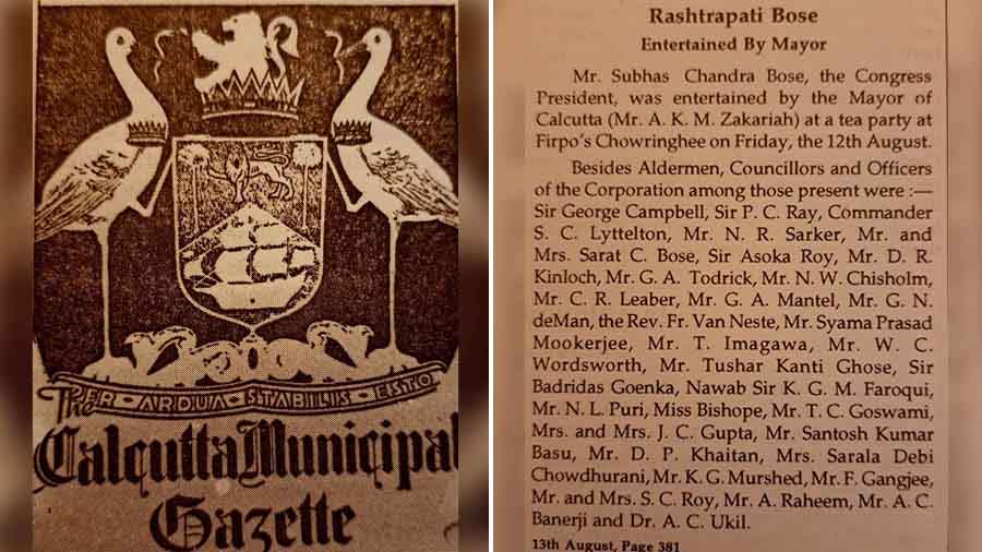 The event was reported in the official gazette of the Calcutta Municipal Corporation on August 13, 1938