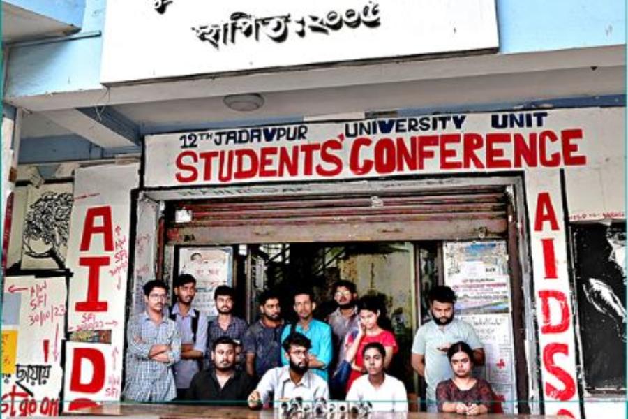 Students of Jadavpur University's arts faculty at a news conference on Sunday. The students said they are opposed to the installation of CCTV cameras on the campus and the hostels