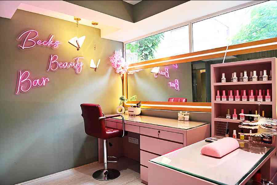 The third section of the salon houses a nail bar with two separate counters for nails, as well as a makeup table for guests looking at getting a makeover done by Rebecca