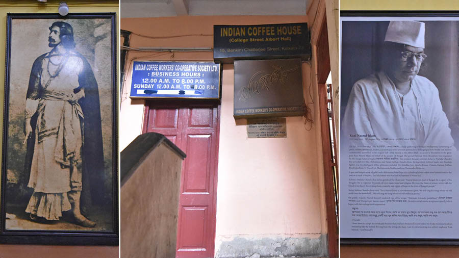 (L-R) An old  photograph of Rabindranath Tagore, the entrance of the heritage eatery and a  photograph of  Kazi Nazrul Islam at the Indian Coffee House