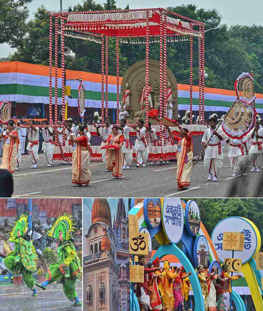 A parade was held on Red Road on Tuesday morning where officials of the state government bodies, police personnel, students and others participated. Tableaus were rolled out highlighting the rich folk culture and traditions of Bengal on the occasion of the Independence Day 