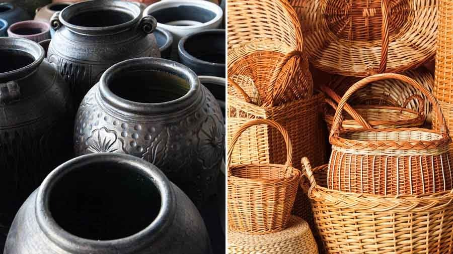 Black pottery from Manipur and (right) cane art from Mizoram