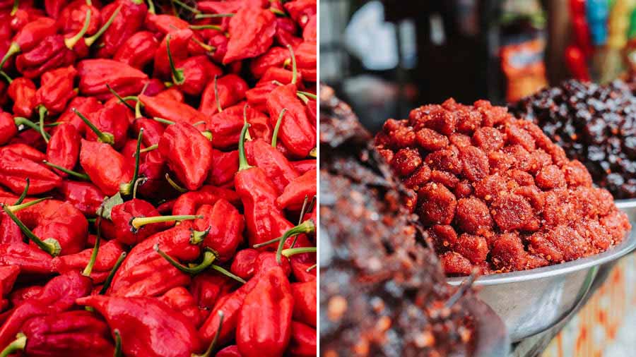 Bhut jolokia chillies in Nagaland and (right) 'titaura' from Sikkim