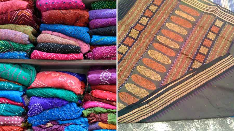 'Bandhani' garments in Rajasthan and (right) a Bomkai sari from Odisha