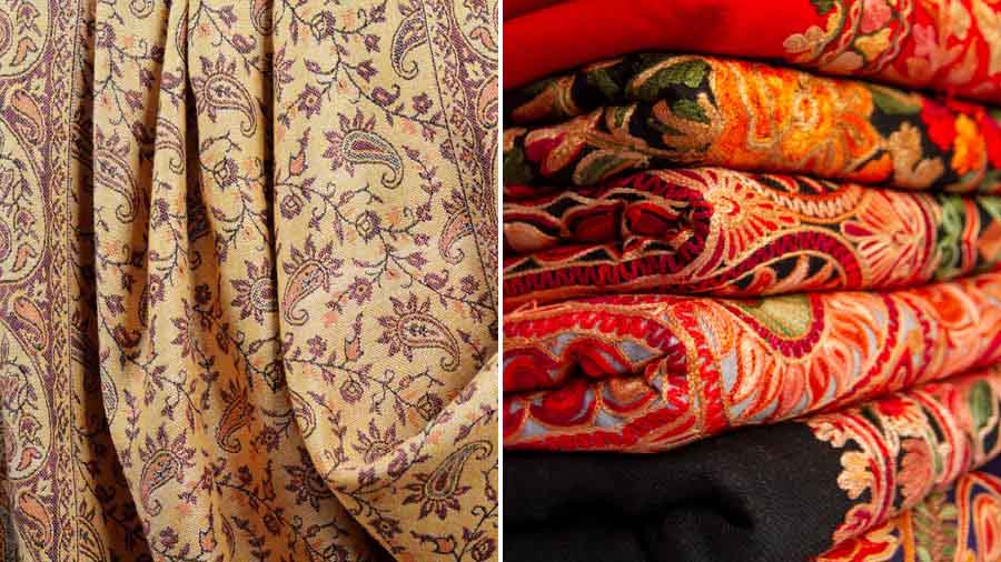 Pashmina shawls from Uttarakhand and (right) embroidery wok in Kashmir