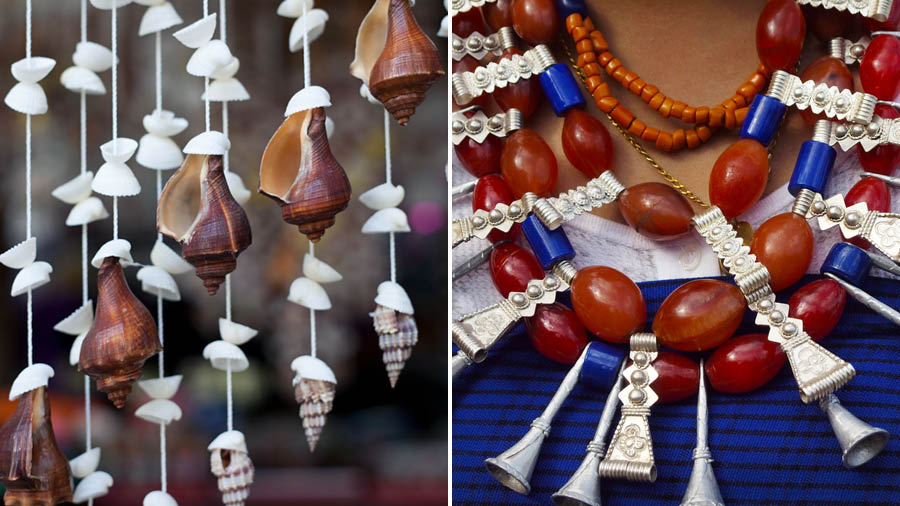 Shell work wind chime from Andaman and (right) a beaded necklace from Nagaland