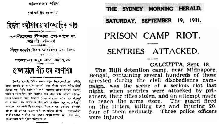 Anandabazar Patrika’s coverage of the Hijli Detention Camp shooting incident and (right) The Sydney Morning Herald’s version of the shooting incident describing it as a prison riot 