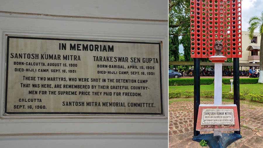 Santosh Kumar Mitra and Tarakeswar Sen Gupta Memorial Plaque at Hijli Shaheed Bhavan and (right)  Santosh Kumar Mitra Memorial Statue at Hijli Shaheed Bhavan