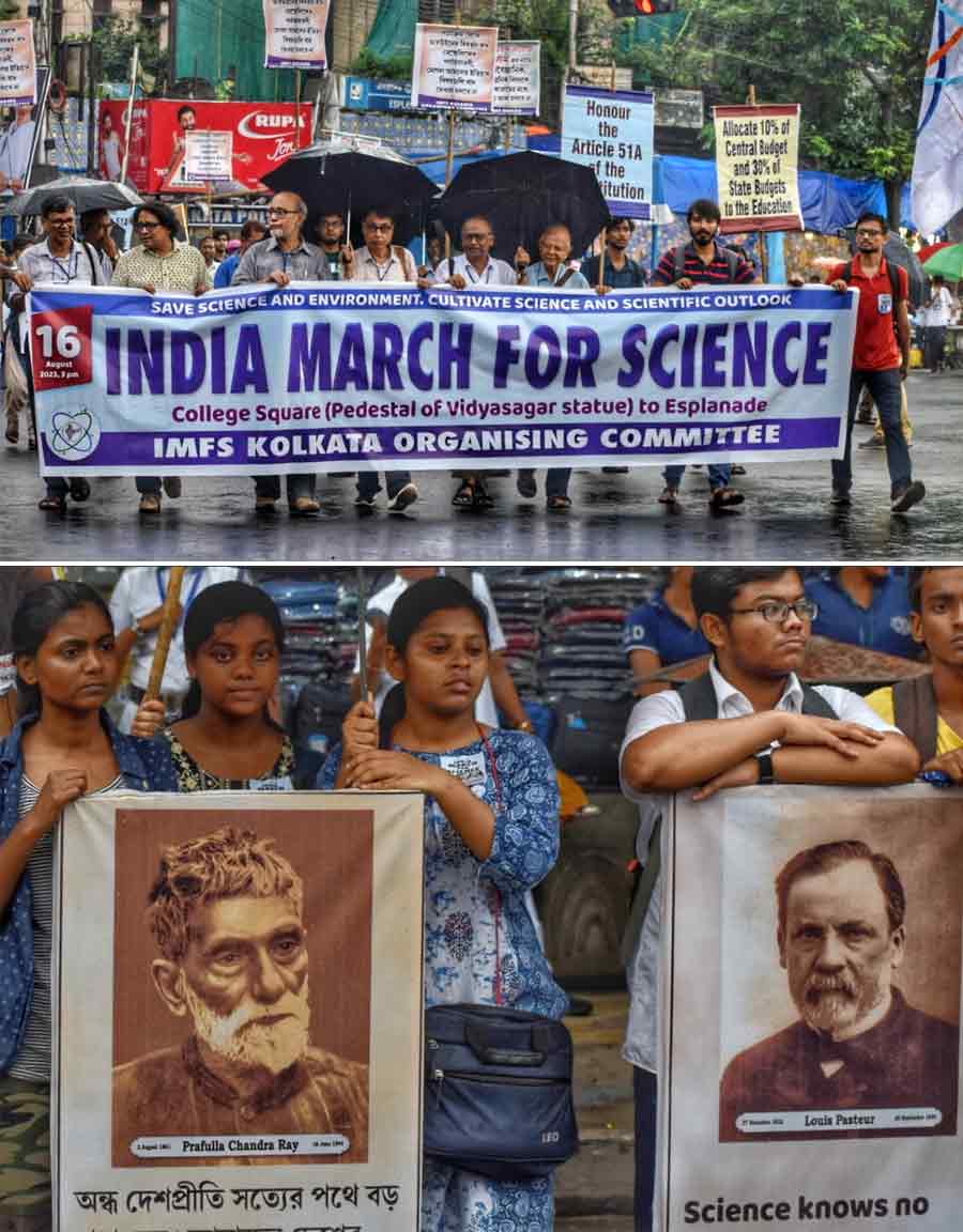 India March for Science, Kolkata, took out a science march from College Square to Esplanade. Some of the agendas of the march were Save Science and Environment, Cultivate Science and Scientific Outlook. Students and professors from various colleges and universities joined the rally on Wednesday    
