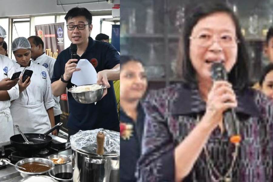 (L-R) Consul Pichaya Lapasthamrong issues cooking instructions to IIHM students at the workshop; Consul general Acharapan Yavaprapas at the Thai luncheon at IIHM, Salt Lake