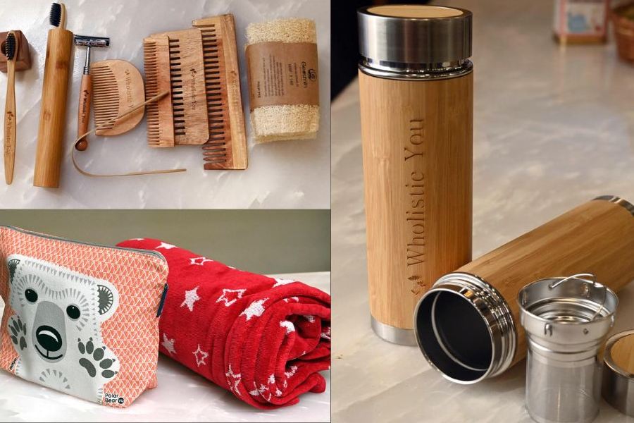 (Top left corner) Eco-friendly washroom essentials, (Bottom left corner) Toilet bag and baby bath towel made of organic cotton. They are PVC and Phthalate free and (right) Bamboo thermos bottle, doublewalled vacuum insulated flask