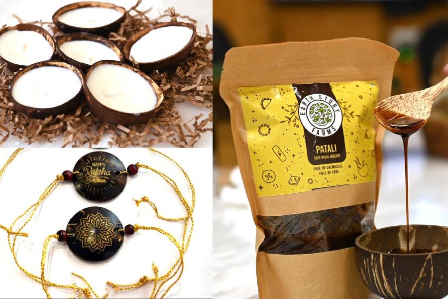 (Top left corner) Naturally-scented soy wax candle in coconut shell bowls, (Bottom left corner) Coconut shell rakhis and (right) Palm jaggery solid (contains no additives, preservatives, sugar or chemicals)