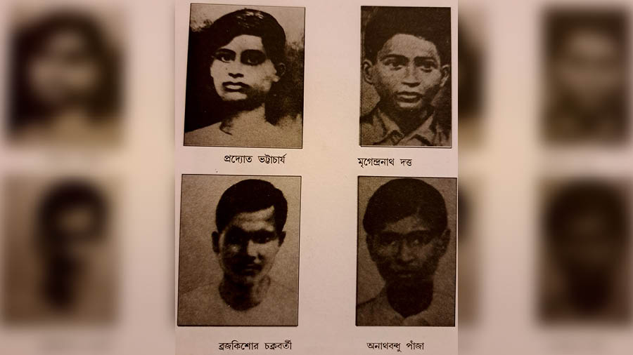 A newspaper cutting of revolutionaries (Clockwise) Pradyut Bhattacharya , Mrigendranath Dutta , Anathbandhu Panja and Brajo Kishore Chakraborty