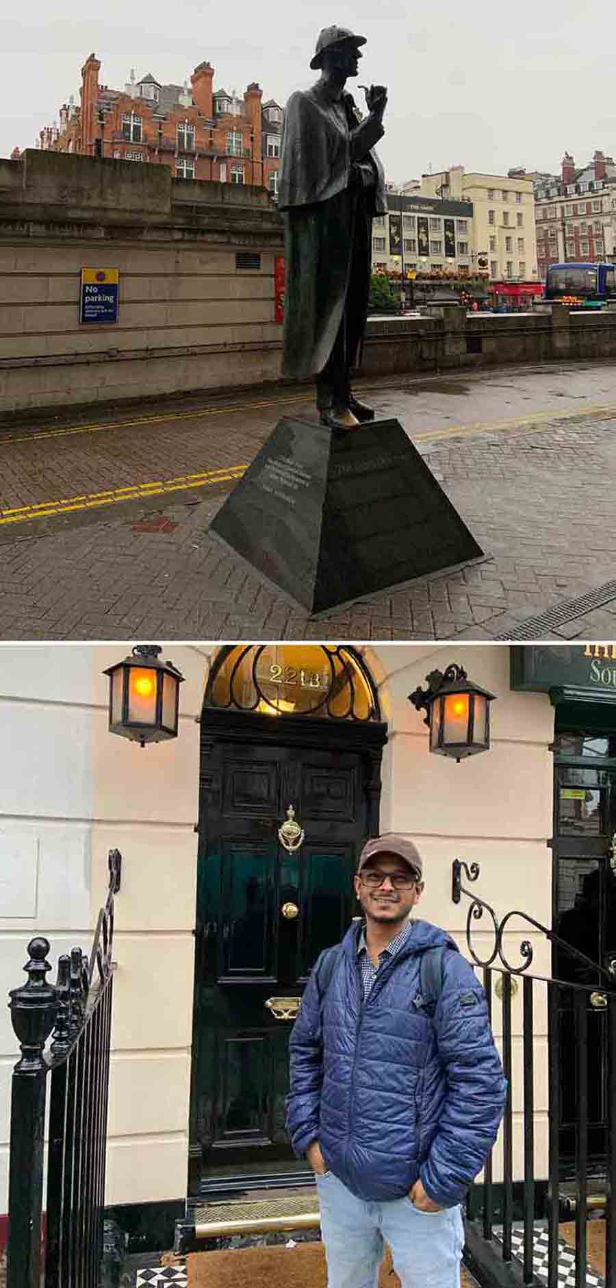 (Top) The statue of Sherlock Holmes near the station and (above) “Guru tumi chhile bole amra achhi. Aaj amar London asha sarthok holo,” Feluda had said in the book ‘London-e Feluda’. He must have stood somewhere around here when he said this. I was following a route Google Maps showed me to the nearest underground station (Baker Street station, to be precise) on a rainy evening when I realised the Sherlock Holmes Museum was on the next street. I decided I had to take a picture of this door marked ‘221B’ next to the museum