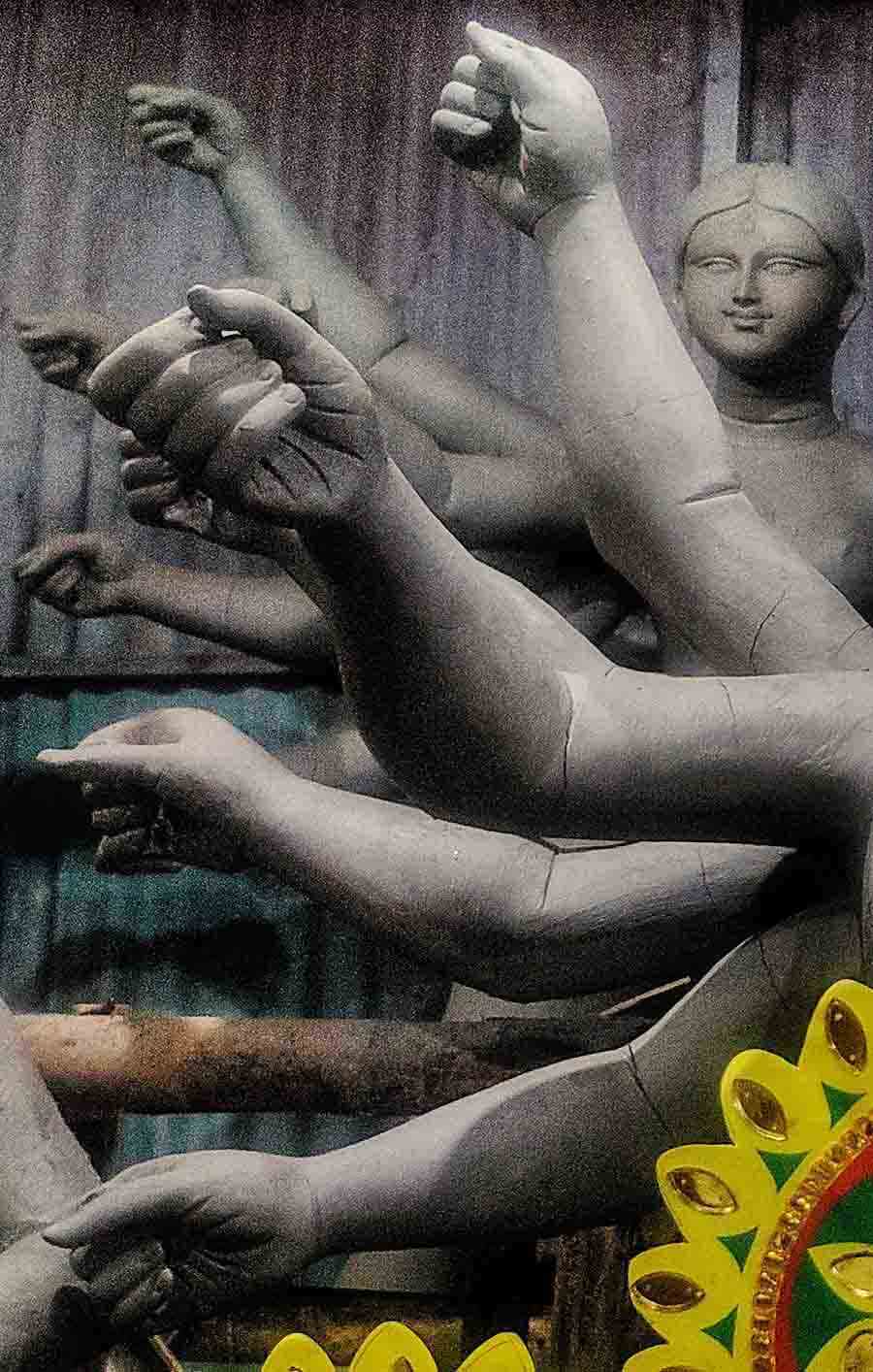 A Durga idol being made in a studio at Siliguri on Friday. Durga Puja starts on October 20 this year