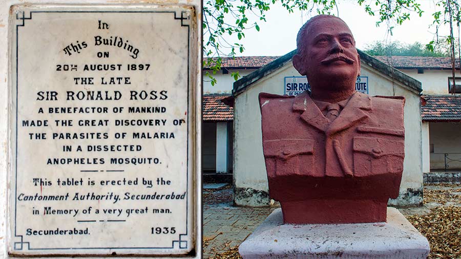A plaque and (right) a bust at the Sir Ronald Ross Institute of Parasitology, Begumpet, Secunderbad, Hyderabad