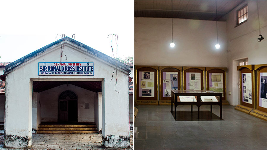 Sir Ronald Ross Institute of Parasitology, Begumpet, Secunderbad, Hyderabad and (right) inside the museum