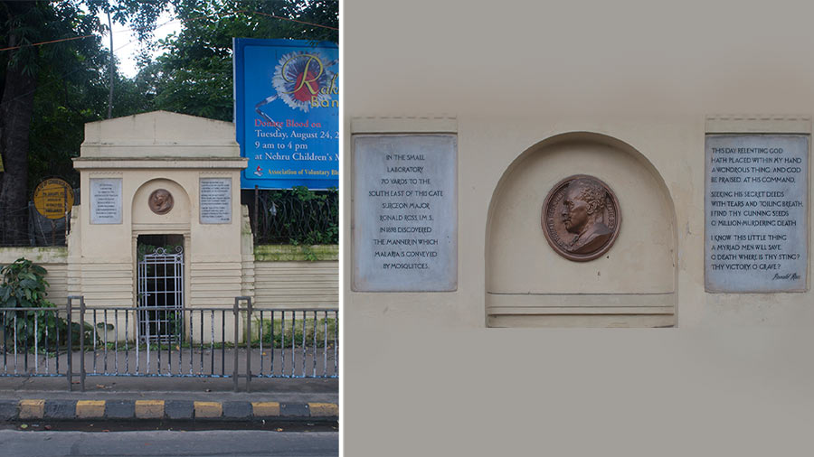 The ceremonial arch dedicated to Ronald Ross at PG Hospital and (right) close-up of the medallion of Ronald Ross and the two plaques 